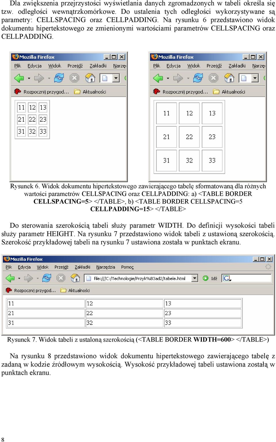 Na rysunku 6 przedstawiono widok dokumentu hipertekstowego ze zmienionymi wartościami parametrów CELLSPACING oraz CELLPADDING. Rysunek 6.