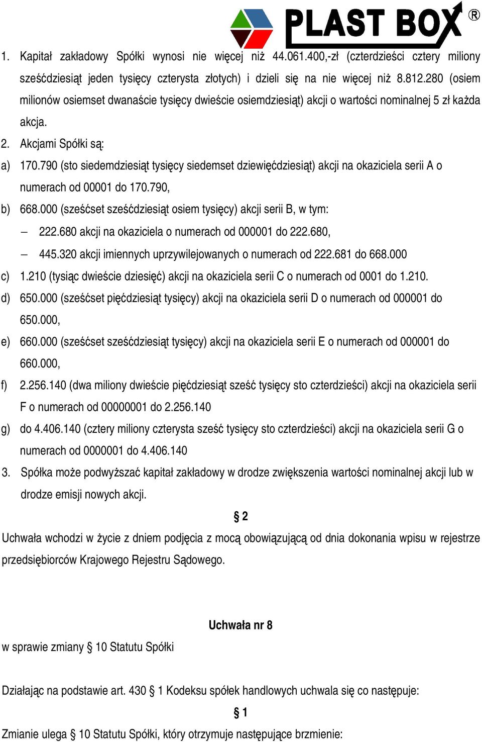 790 (sto siedemdziesit tysicy siedemset dziewidziesit) akcji na okaziciela serii A o numerach od 00001 do 170.790, b) 668.000 (szeset szedziesit osiem tysicy) akcji serii B, w tym: 222.