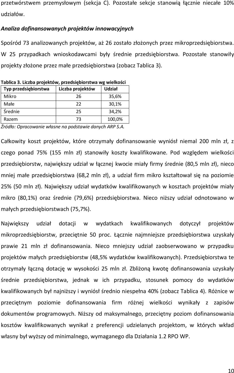 Pozostałe stanowiły projekty złożone przez małe przedsiębiorstwa (zobacz Tablica 3)