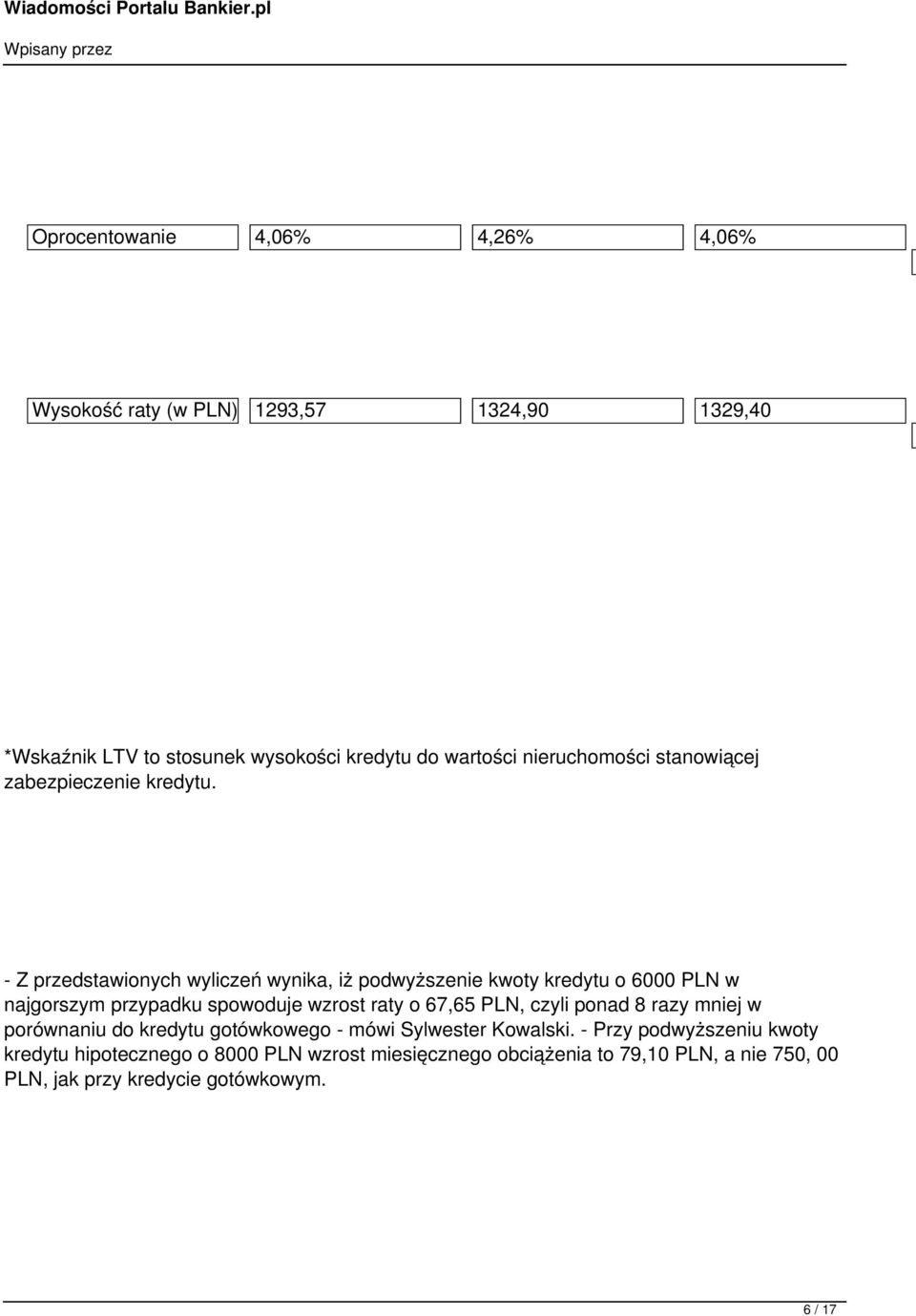 - Z przedstawionych wyliczeń wynika, iż podwyższenie kwoty kredytu o 6000 PLN w najgorszym przypadku spowoduje wzrost raty o 67,65 PLN, czyli