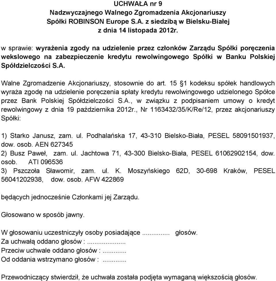 , w związku z podpisaniem umowy o kredyt rewolwingowy z dnia 19 października 2012r., Nr 1163432/35/K/Re/12, przez akcjonariuszy Spółki: 1) Starko Janusz, zam. ul.