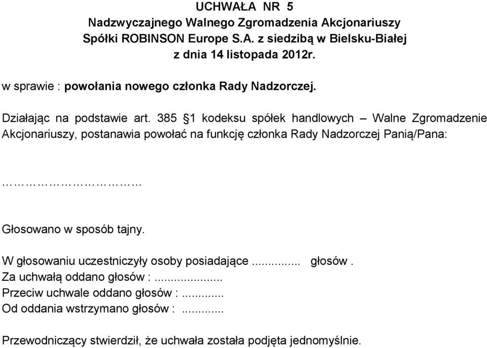 funkcję członka Rady Nadzorczej Panią/Pana: Głosowano w sposób tajny.