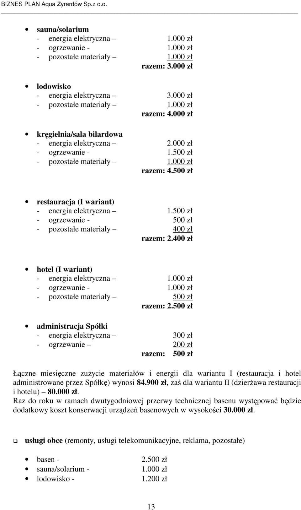 500 zł - ogrzewanie - 500 zł - pozostałe materiały 400 zł razem: 2.400 zł hotel (I wariant) - energia elektryczna 1.000 zł - ogrzewanie - 1.000 zł - pozostałe materiały 500 zł razem: 2.