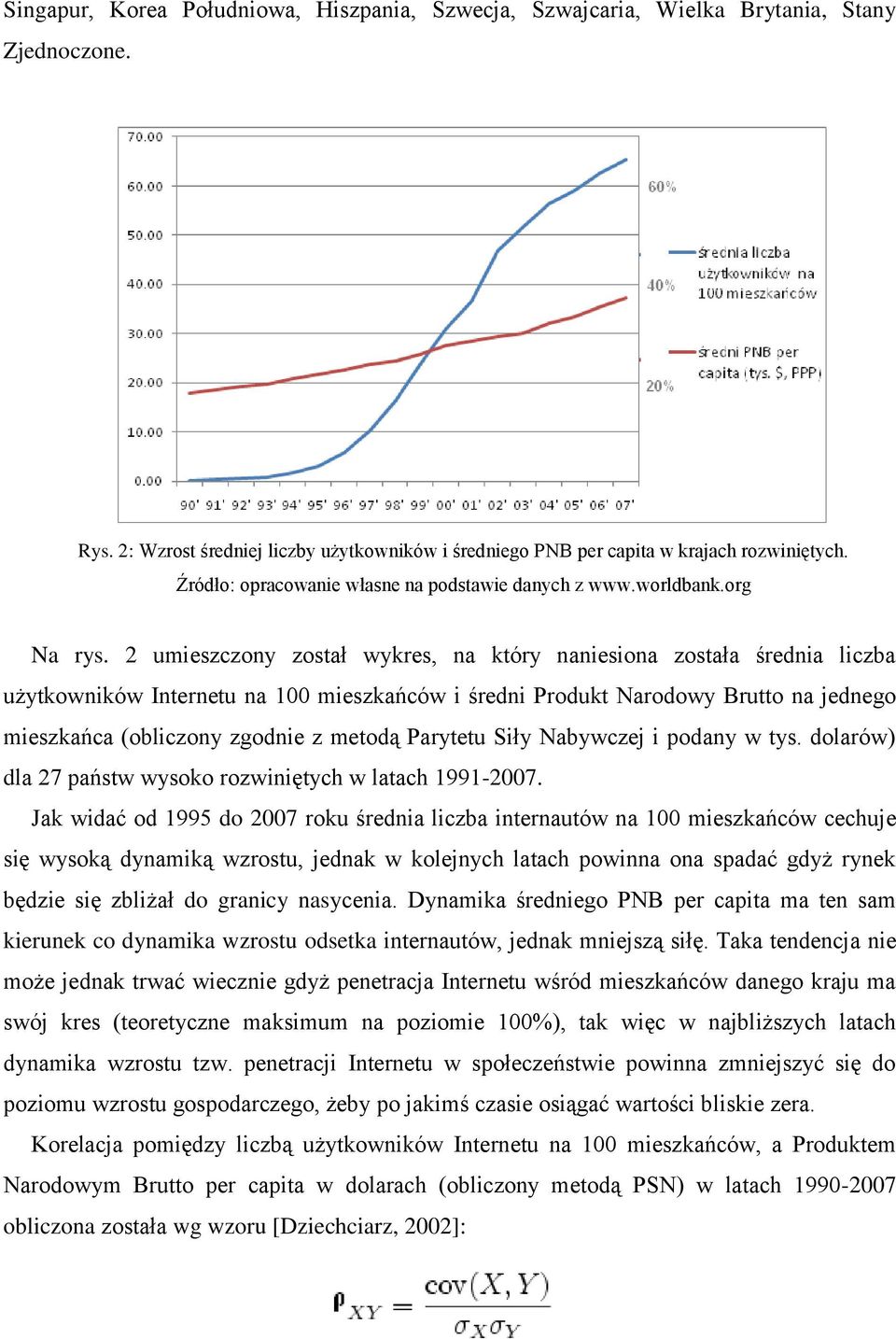 2 umieszczony został wykres, na który naniesiona została średnia liczba użytkowników Internetu na 100 mieszkańców i średni Produkt Narodowy Brutto na jednego mieszkańca (obliczony zgodnie z metodą