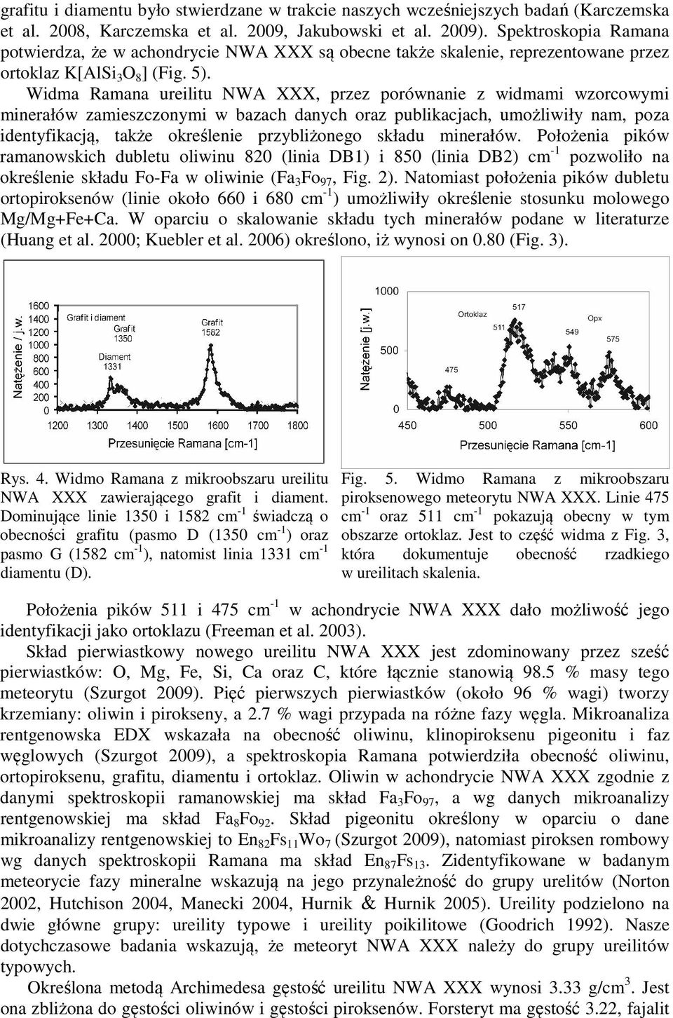 Widma Ramana ureilitu NWA XXX, przez porównanie z widmami wzorcowymi minerałów zamieszczonymi w bazach danych oraz publikacjach, umożliwiły nam, poza identyfikacją, także określenie przybliżonego