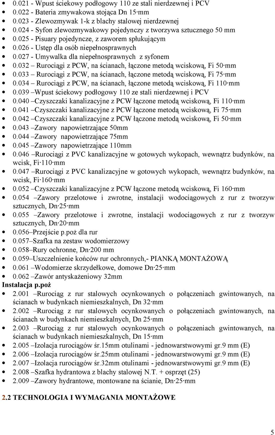 027 - Umywalka dla niepełnosprawnych z syfonem 0.032 Rurociągi z PCW, na ścianach, łączone metodą wciskową, Fi 50 mm 0.033 Rurociągi z PCW, na ścianach, łączone metodą wciskową, Fi 75 mm 0.