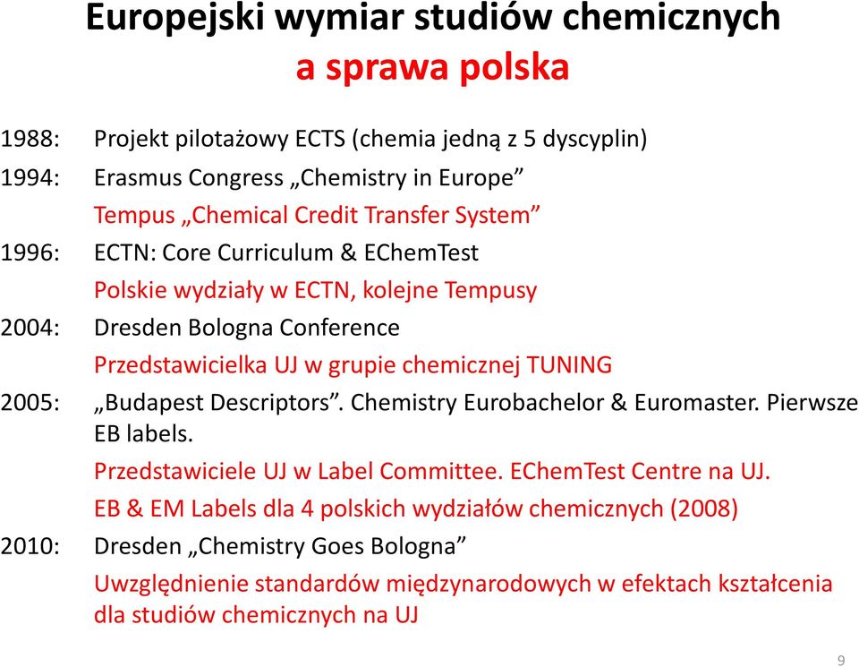 chemicznej TUNING 2005: Budapest Descriptors. Chemistry Eurobachelor & Euromaster. Pierwsze EB labels. Przedstawiciele UJ w Label Committee. EChemTest Centre na UJ.