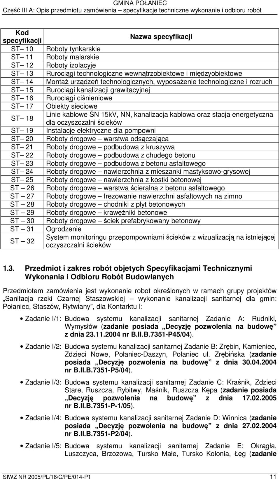 cinieniowe Obiekty sieciowe Linie kablowe N 15kV, NN, kanalizacja kablowa oraz stacja energetyczna dla oczyszczalni cieków Instalacje elektryczne dla pompowni Roboty drogowe warstwa odsczajca Roboty