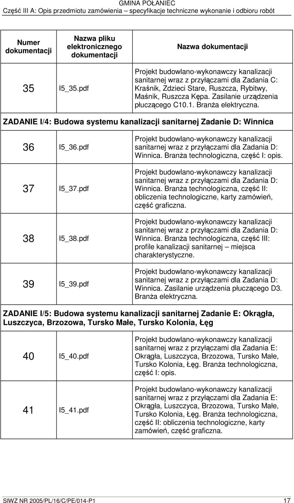 .1. Brana elektryczna. ZADANIE I/4: Budowa systemu kanalizacji sanitarnej Zadanie D: Winnica 36 I5_36.pdf 37 I5_37.pdf 38 I5_38.pdf 39 I5_39.