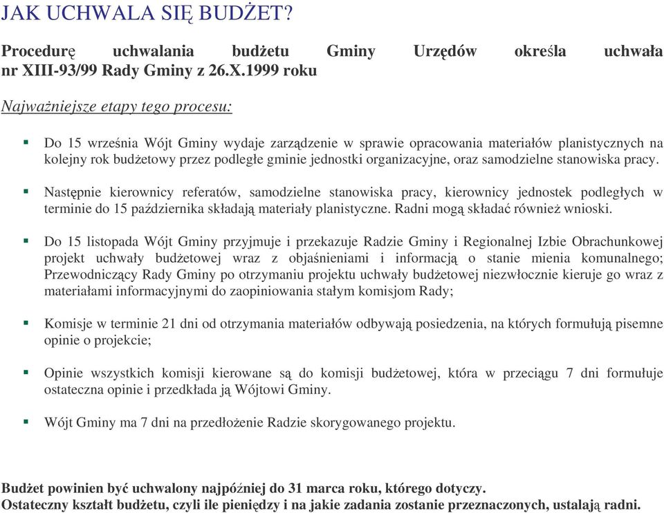 1999 roku Najwaniejsze etapy tego procesu: Do 15 wrzenia Wójt Gminy wydaje zarzdzenie w sprawie opracowania materiałów planistycznych na kolejny rok budetowy przez podległe gminie jednostki