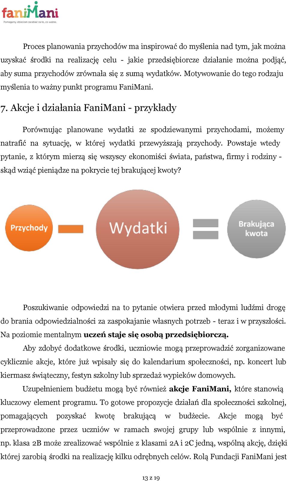 Akcje i działania FaniMani - przykłady Porównując planowane wydatki ze spodziewanymi przychodami, możemy natrafić na sytuację, w której wydatki przewyższają przychody.