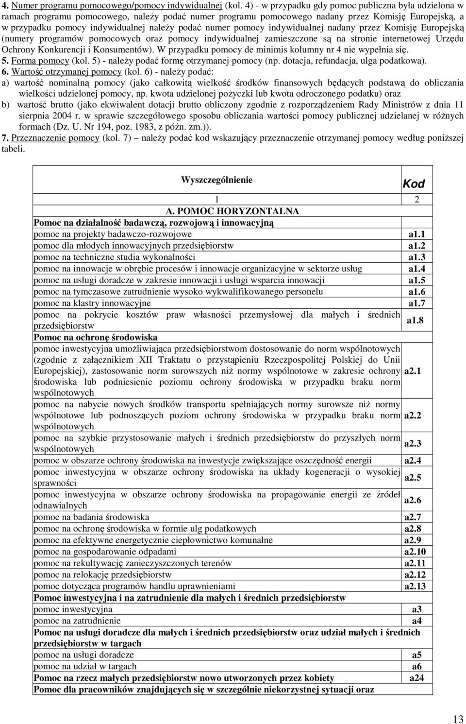 numer indywidualnej nadany przez Komisję Europejską (numery programów pomocowych oraz indywidualnej zamieszczone są na stro internetowej Urzędu Ochrony Konkurencji i Konsumentów).