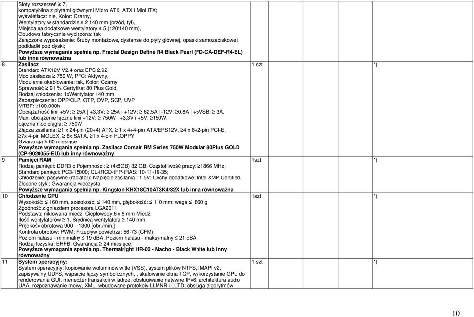 Fractal Design Define R4 Black Pearl (FD-CA-DEF-R4-BL) lub inna równoważna 8 Zasilacz Standard ATX12V V2.4 oraz EPS 2.