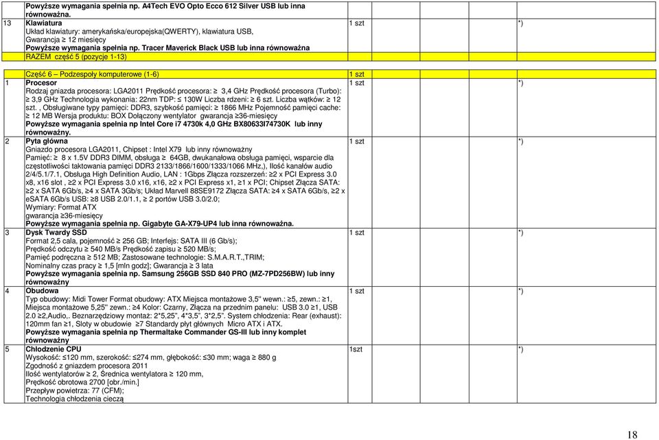 Tracer Maverick Black USB lub inna równoważna RAZEM część 5 (pozycje 1-13) Część 6 Podzespoły komputerowe (1-6) 1 szt 1 Procesor Rodzaj gniazda procesora: LGA2011 Prędkość procesora: 3,4 GHz Prędkość