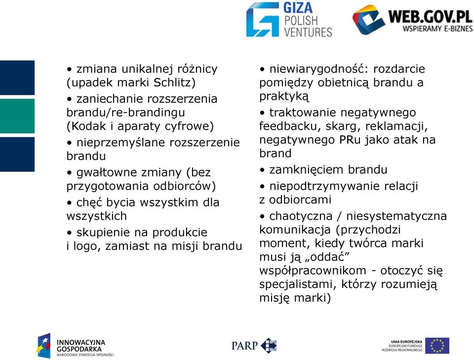 obietnicą brandu a praktyką traktowanie negatywnego feedbacku, skarg, reklamacji, negatywnego PRu jako atak na brand zamknięciem brandu niepodtrzymywanie relacji z