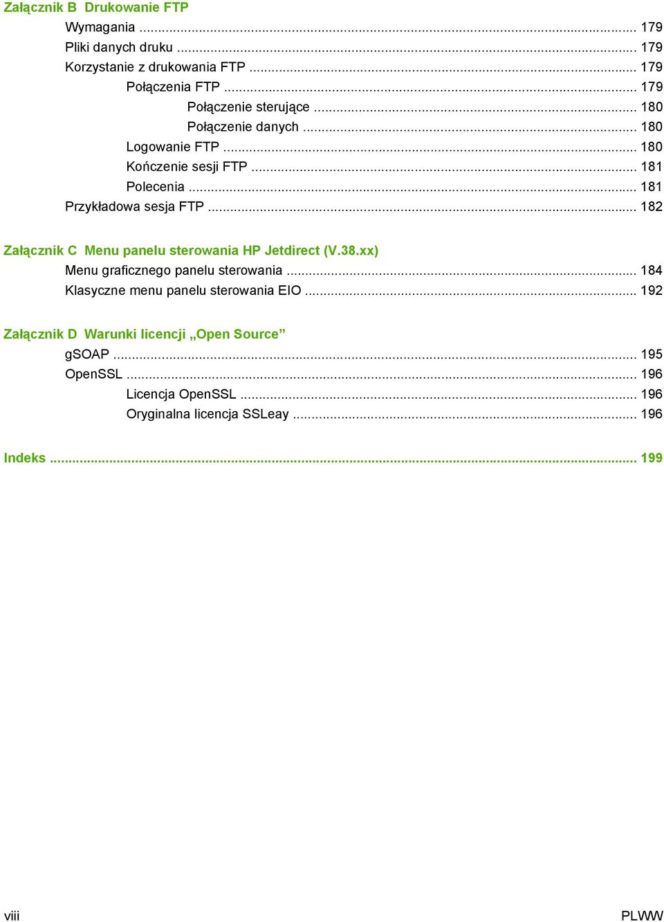 .. 181 Przykładowa sesja FTP... 182 Załącznik C Menu panelu sterowania HP Jetdirect (V.38.xx) Menu graficznego panelu sterowania.