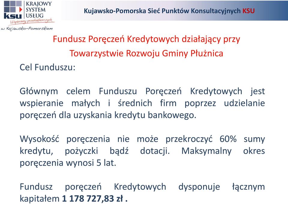 kredytu bankowego. Wysokość poręczenia nie może przekroczyć 60% sumy kredytu, pożyczki bądź dotacji.