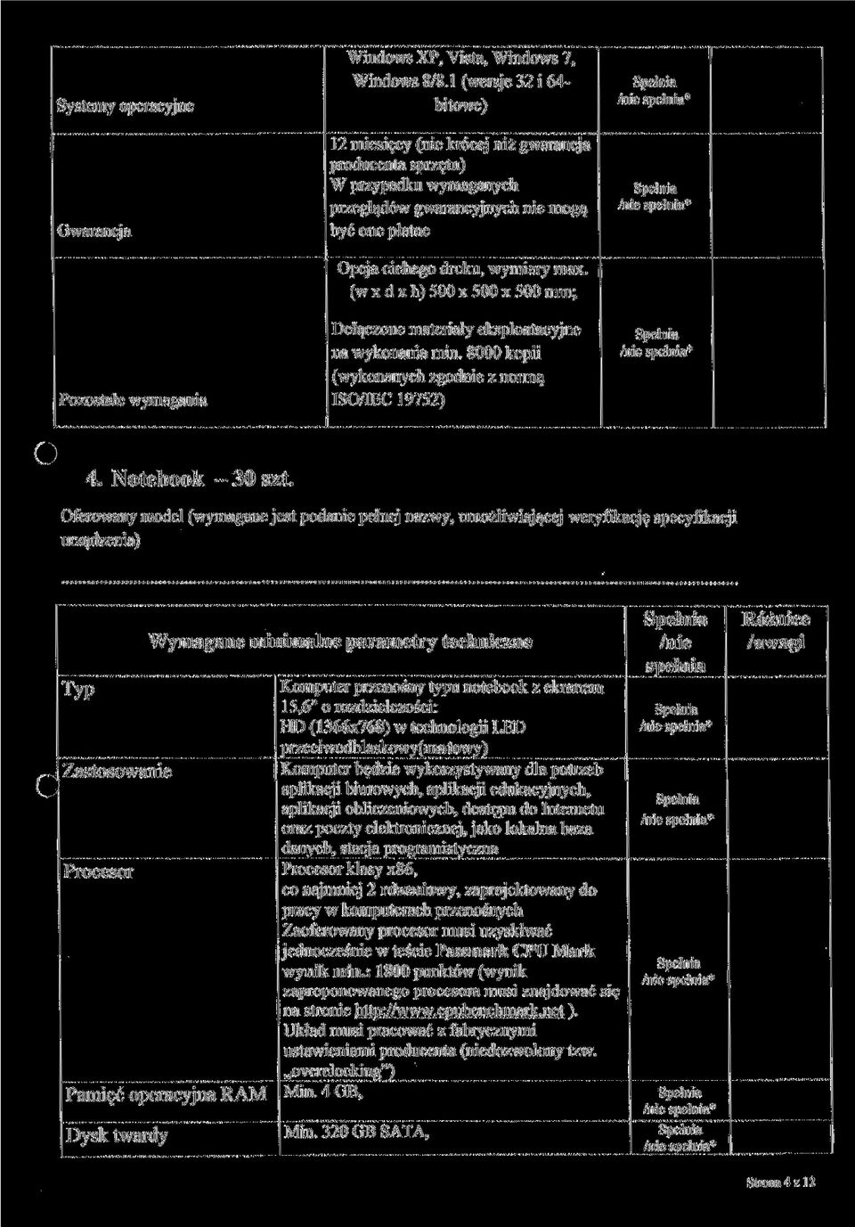 Typ Zastosowanie Procesor Pamięć operacyjna RAM Dysk twardy Komputer przenośny typu notebook z ekranem 15,6" o rozdzielczości: HD (1366x768) w technologii LED przeciwodblaskowy (ma to wy) Komputer