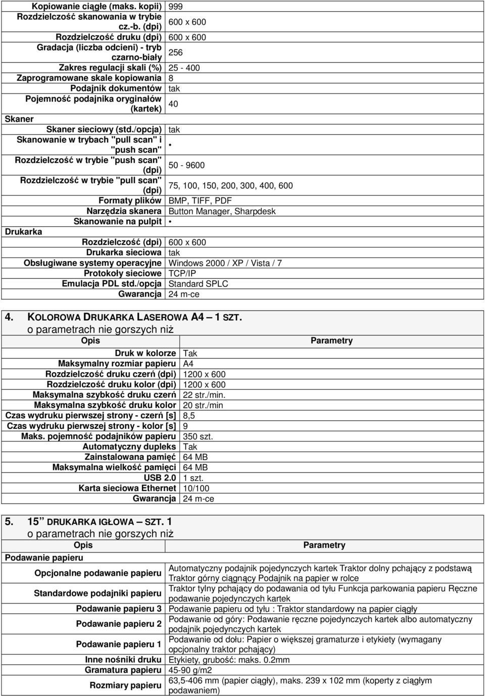 podajnika oryginałów (kartek) 40 Skaner Skaner sieciowy (std.