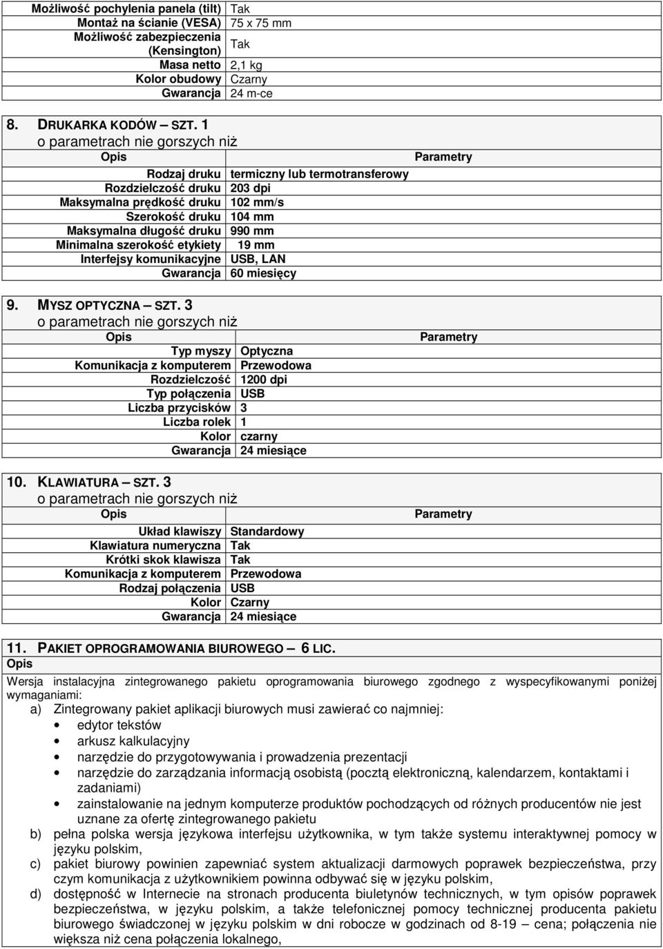 Interfejsy komunikacyjne USB, LAN Gwarancja 60 miesięcy 9. MYSZ OPTYCZNA SZT.