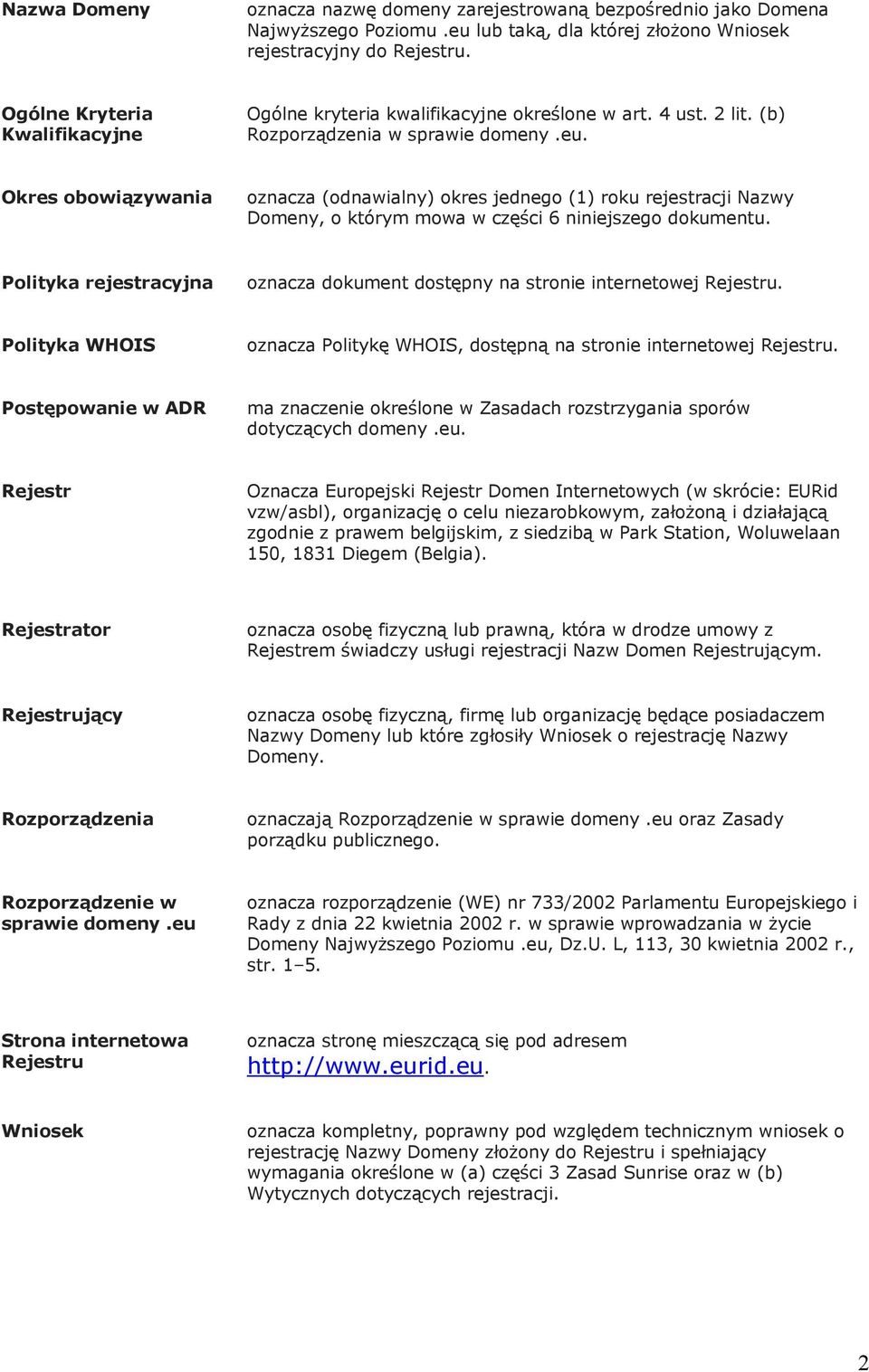 Okres obowiązywania oznacza (odnawialny) okres jednego (1) roku rejestracji Nazwy Domeny, o którym mowa w części 6 niniejszego dokumentu.