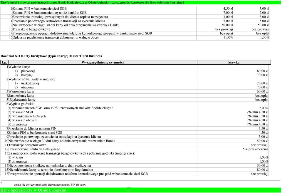 bezgotówkowe bez prowizji bez prowizji 14 Przeprowadzenie operacji doładowania telefonu komórkowego pre-paid w bankomacie sieci SGB bez opłat bez opłat 15 Opłata za przeliczenie transakcji dokonanej