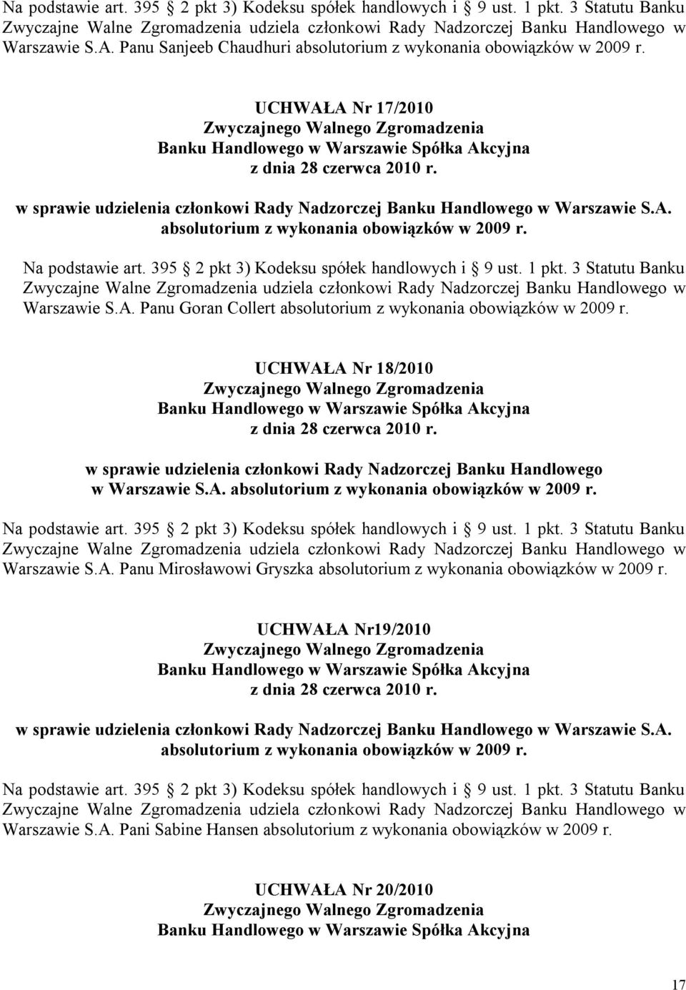 18/2010 w sprawie udzielenia członkowi Rady Nadzorczej Banku Handlowego w  