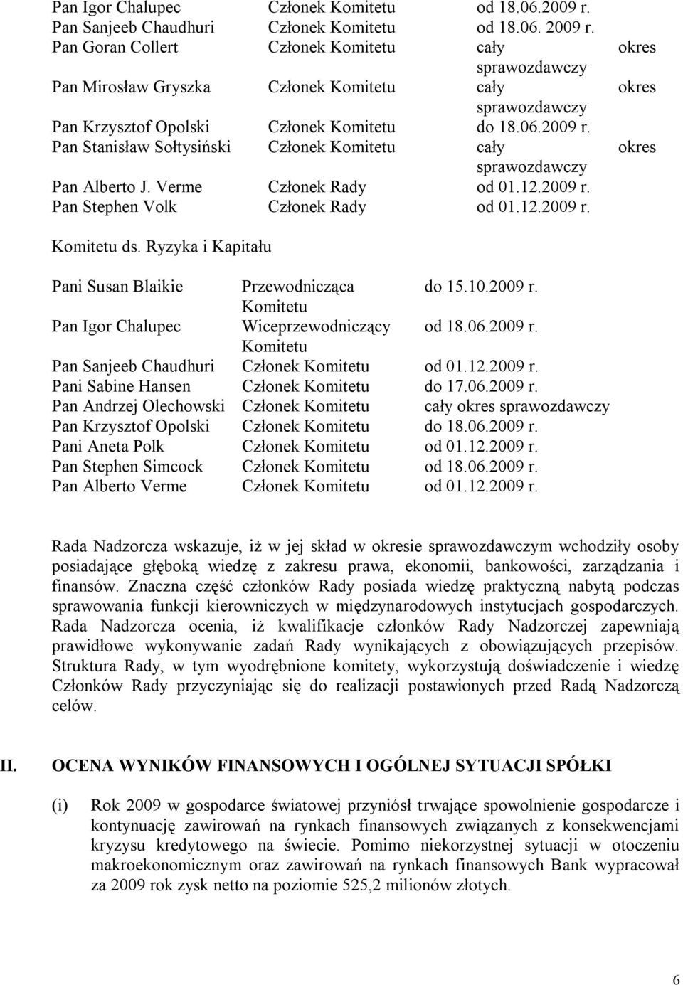 Pan Stanisław Sołtysiński Członek Komitetu cały okres Pan Alberto J. Verme Członek Rady od 01.12.2009 r. Pan Stephen Volk Członek Rady od 01.12.2009 r. Komitetu ds.