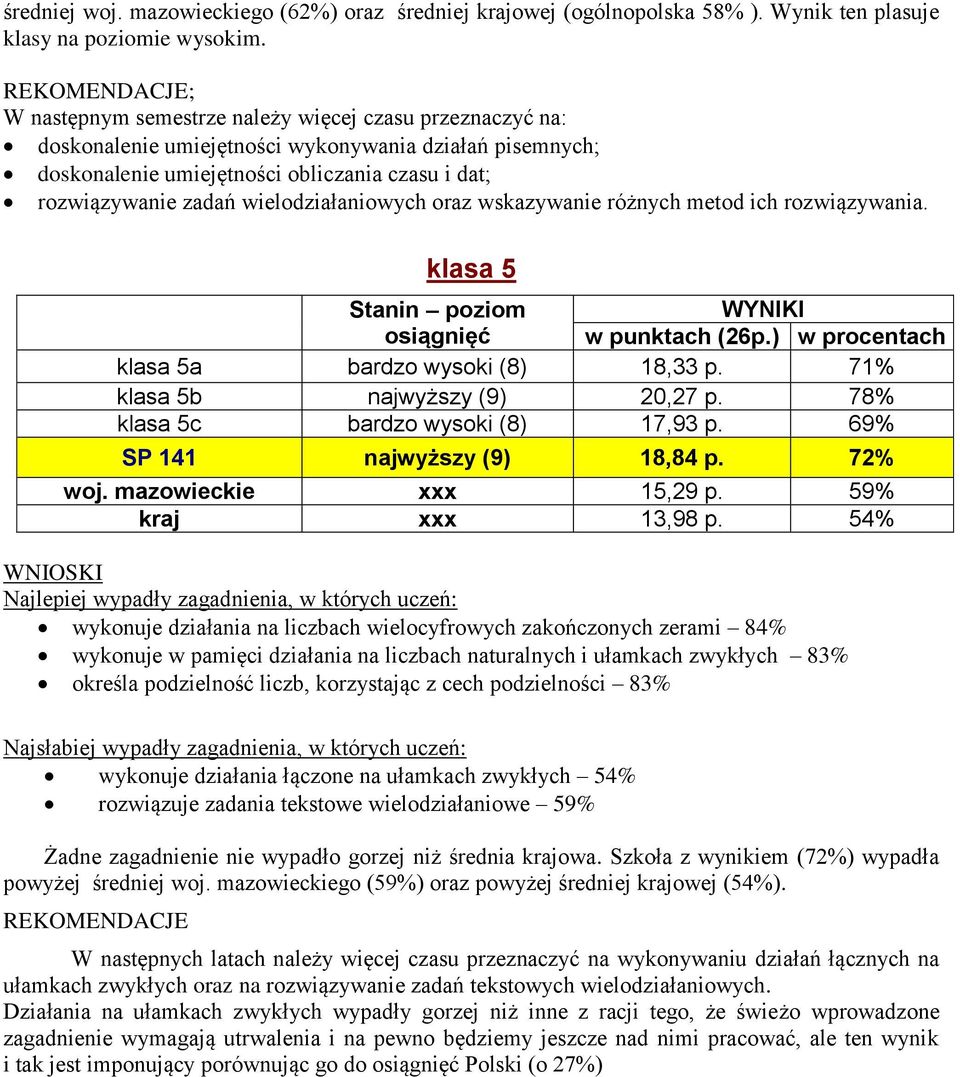 wielodziałaniowych oraz wskazywanie różnych metod ich rozwiązywania. klasa 5 w punktach (26p.) w procentach klasa 5a bardzo wysoki (8) 18,33 p. 71% klasa 5b najwyższy (9) 20,27 p.