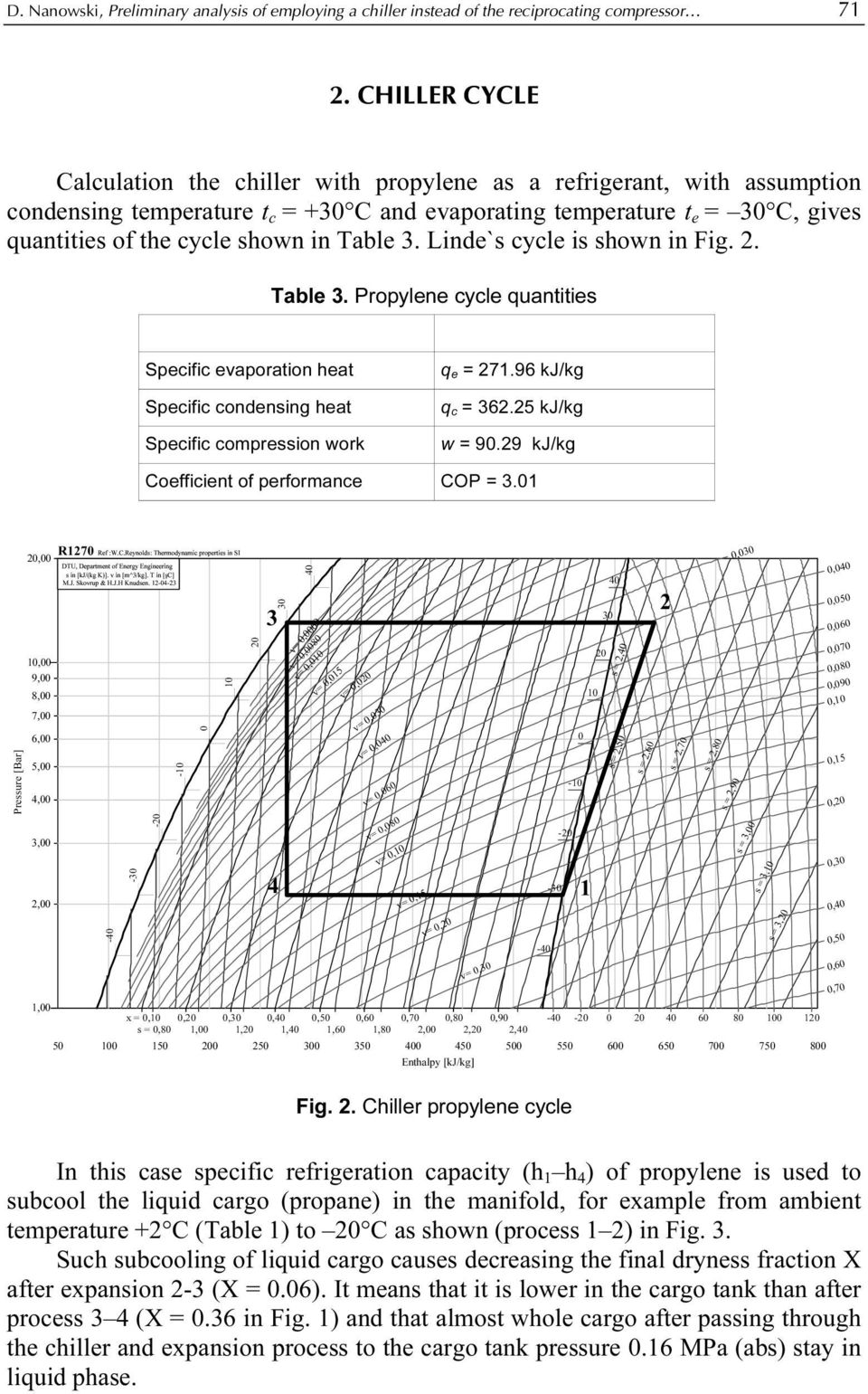 Table. Linde`s cycle is shown in Fig.. Table. Propylene cycle quantities Specific evaporation heat Specific condensing heat Specific compression work q e = 7.96 kj/kg q c = 6.5 kj/kg w = 9.