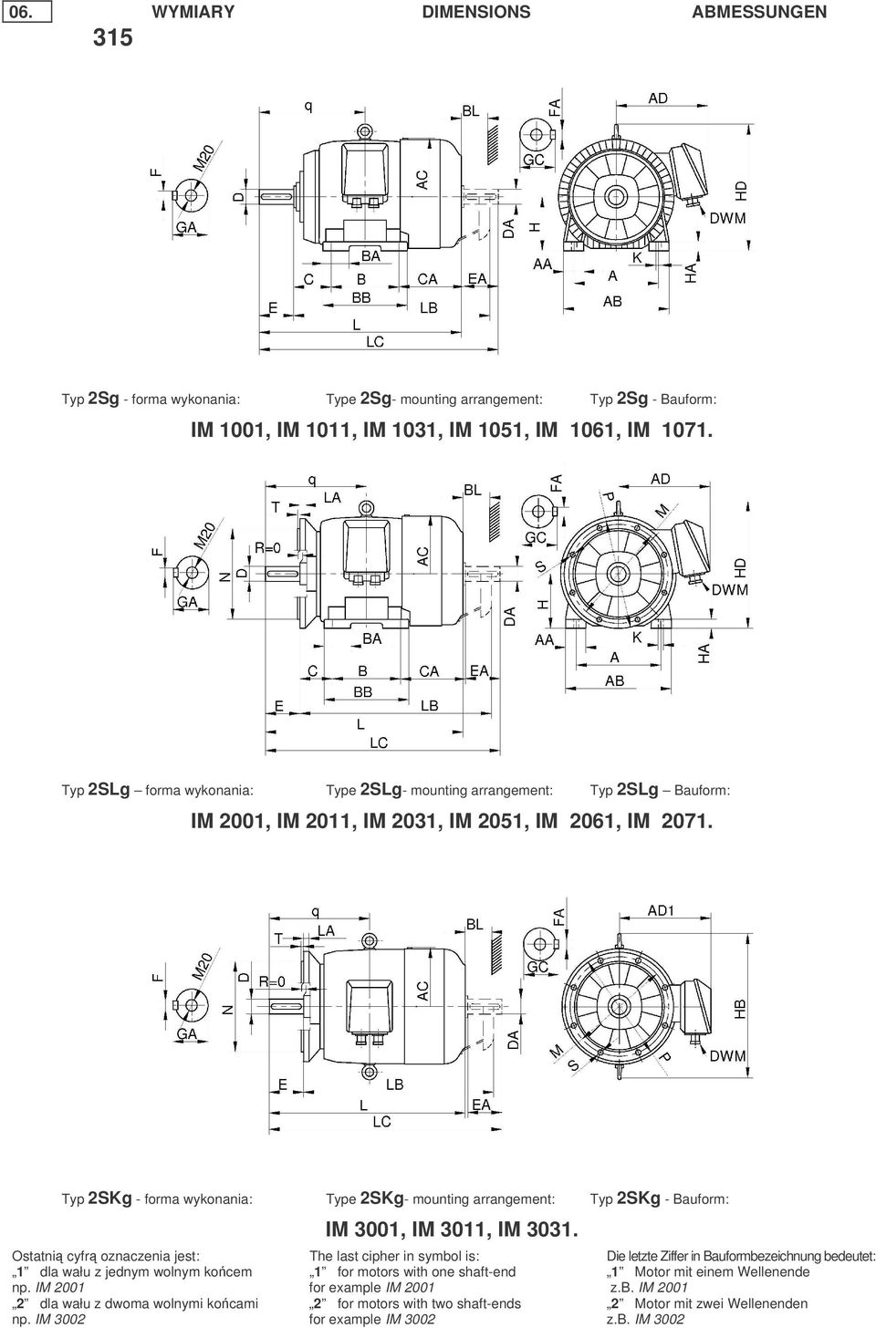 Typ forma wykonania: Type mounting arrangement: Typ Bauform: IM 3001, IM 3011, IM 3031.