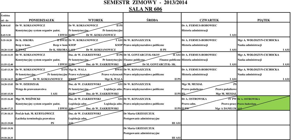 Bezp w kom KSOP KSOP Prawo międzynarodowe publiczne Historia administracji Nauka administracji 10.20-11.05 II BWS2 Dr K. SIKORA I AS1 Dr W. KOKSANOWICZ II PS I AS1 I AS1 11.10-11.55 Dr W.