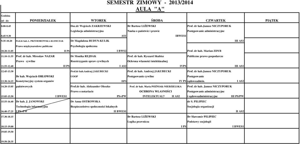 20-11.05 II PS I BWS2 Prof. dr hab. Marian ZDYB 11.10-11.55 Prof. dr hab. Mirosław NAZAR Dr Monika REJDAK Prof. dr hab. Ryszard Skubisz Publiczne prawo gospodarcze Prawo cywilne Rozstrzyganie spraw cywilnych Ochrona własności intelektualnej 11.