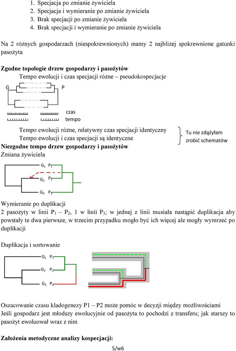 i czas specjacji różne pseudokospecjacje G P czas tempo Tempo ewolucji różne, relatywny czas specjacji identyczny Tempo ewolucji i czas specjacji są identyczne Niezgodne tempo drzew gospodarzy i