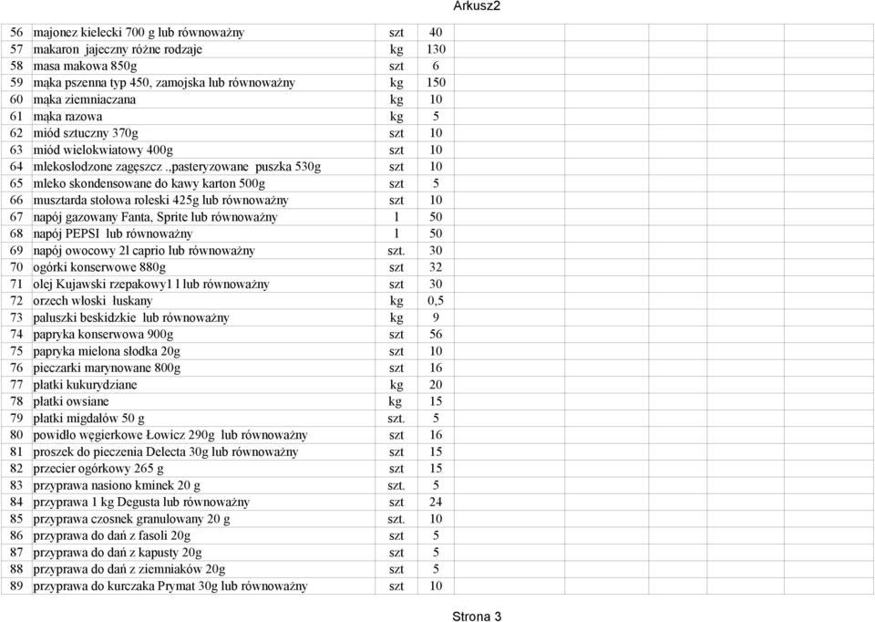 ,pasteryzowane puszka 530g szt 10 65 mleko skondensowane do kawy karton 500g szt 5 66 musztarda stołowa roleski 425g lub równoważny szt 10 67 napój gazowany Fanta, Sprite lub równoważny l 50 68 napój