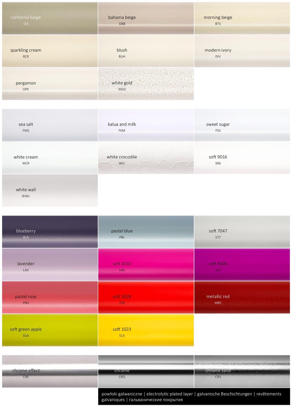 lavender LAV soft 4010 S40 soft 4006 S46 pastel rose PRO soft 3028 S38 metallic red MRE soft green apple soft 1023 S13 chrome effect CRE chrome CRO