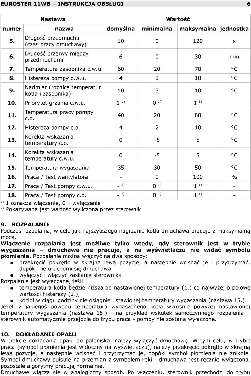 Temperatura pracy pompy c.o. 40 20 80 C 12. Histereza pompy c.o. 4 2 10 C 13. 14. Korekta wskazania temperatury c.o. Korekta wskazania temperatury c.w.u. 0-5 5 C 0-5 5 C 15.