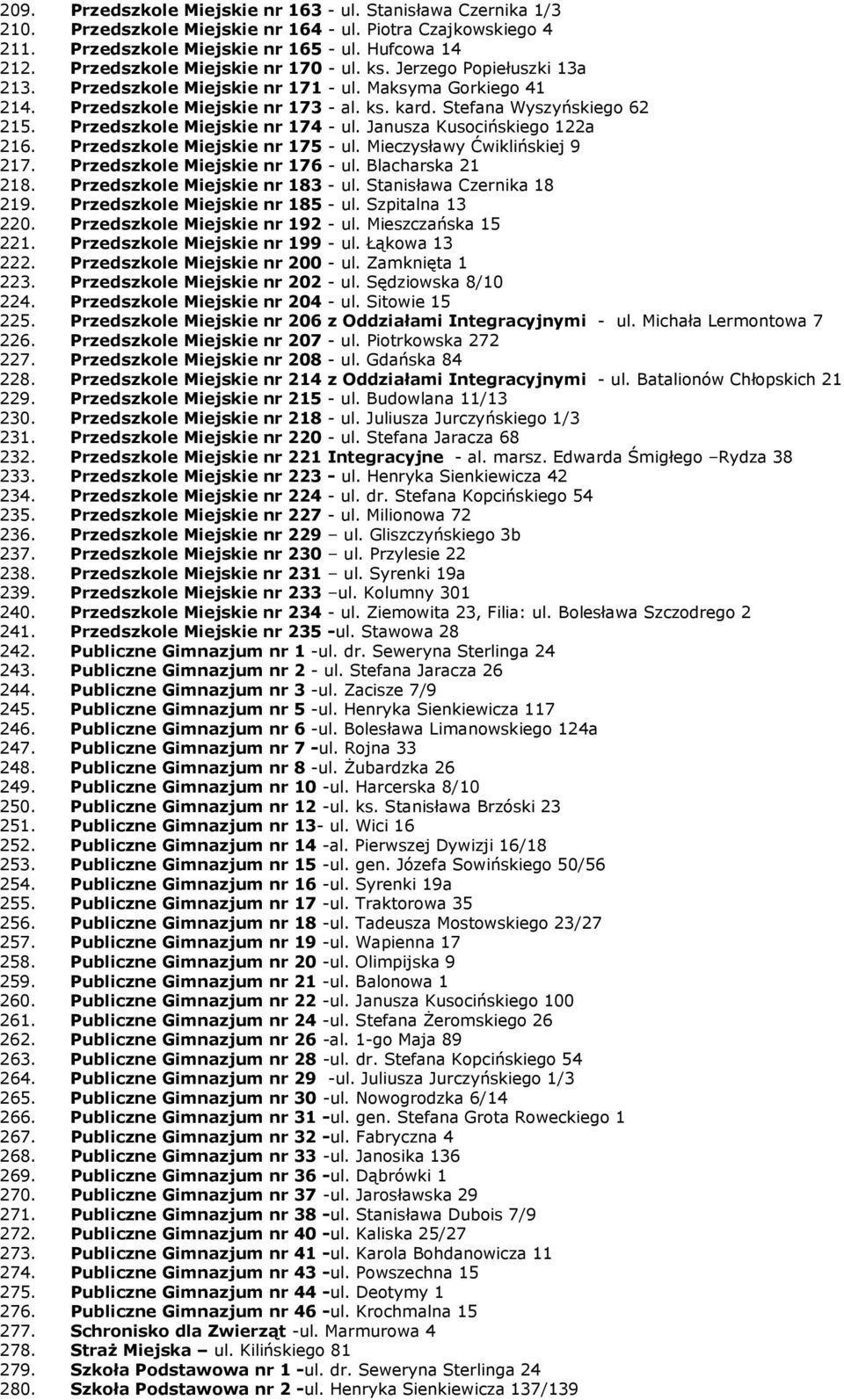Przedszkole Miejskie nr 174 - ul. Janusza Kusocińskiego 122a 216. Przedszkole Miejskie nr 175 - ul. Mieczysławy Ćwiklińskiej 9 217. Przedszkole Miejskie nr 176 - ul. Blacharska 21 218.