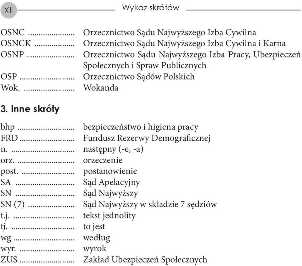 Inne skróty bhp... bezpieczeństwo i higiena pracy FRD... Fundusz Rezerwy Demograficznej n.... następny (-e, -a) orz.... orzeczenie post.... postanowienie SA.