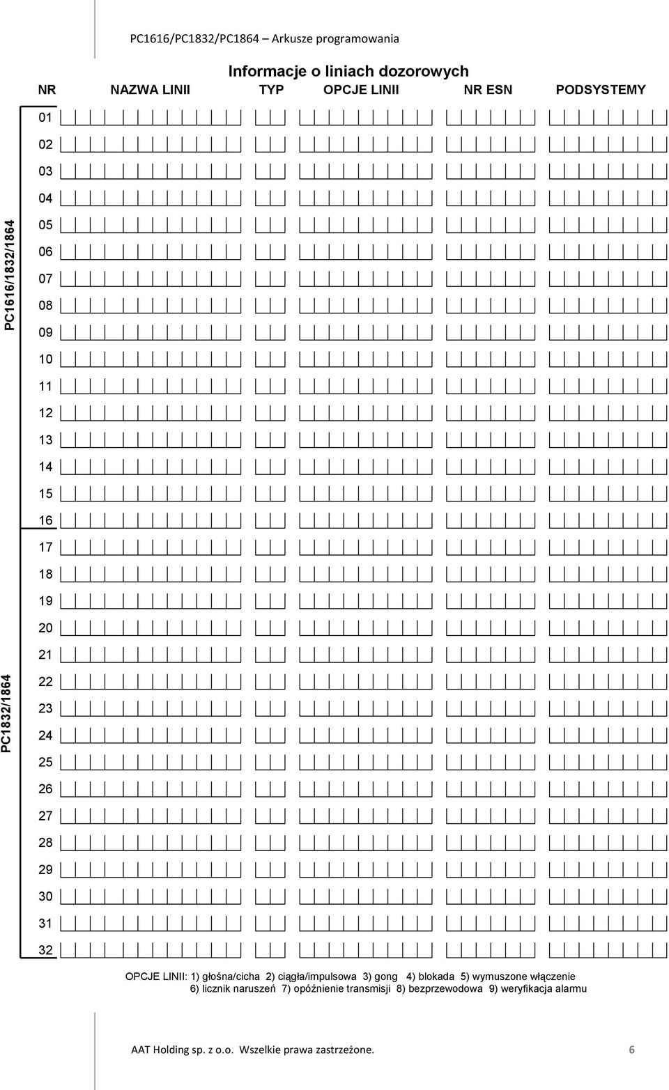 31 32 OPCJE LINII: 1) głośna/cicha 2) ciągła/impulsowa 3) gong 4) blokada 5) wymuszone włączenie 6) licznik