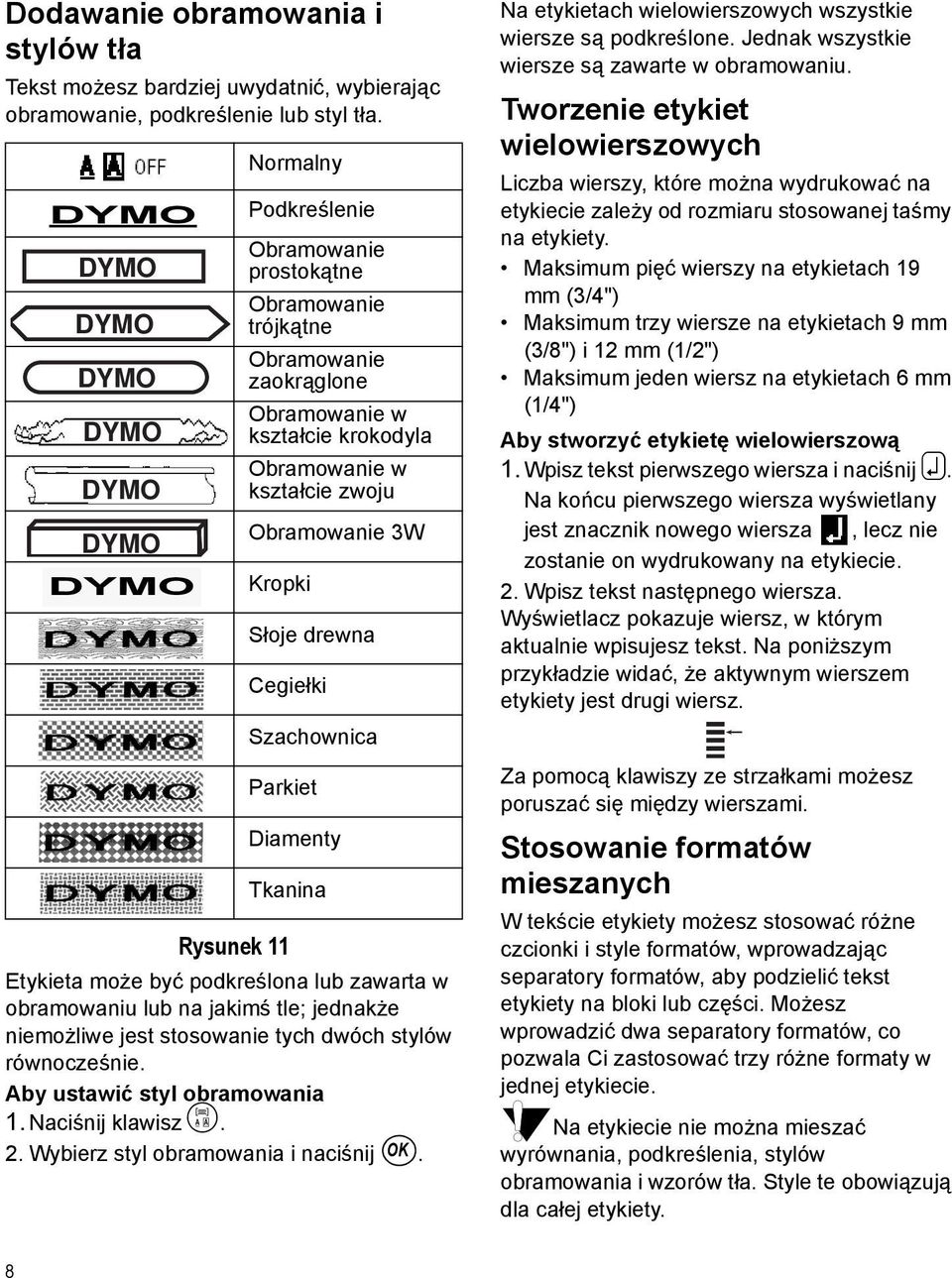 drewna Cegiełki Szachownica Parkiet Diamenty Tkanina Etykieta może być podkreślona lub zawarta w obramowaniu lub na jakimś tle; jednakże niemożliwe jest stosowanie tych dwóch stylów równocześnie.