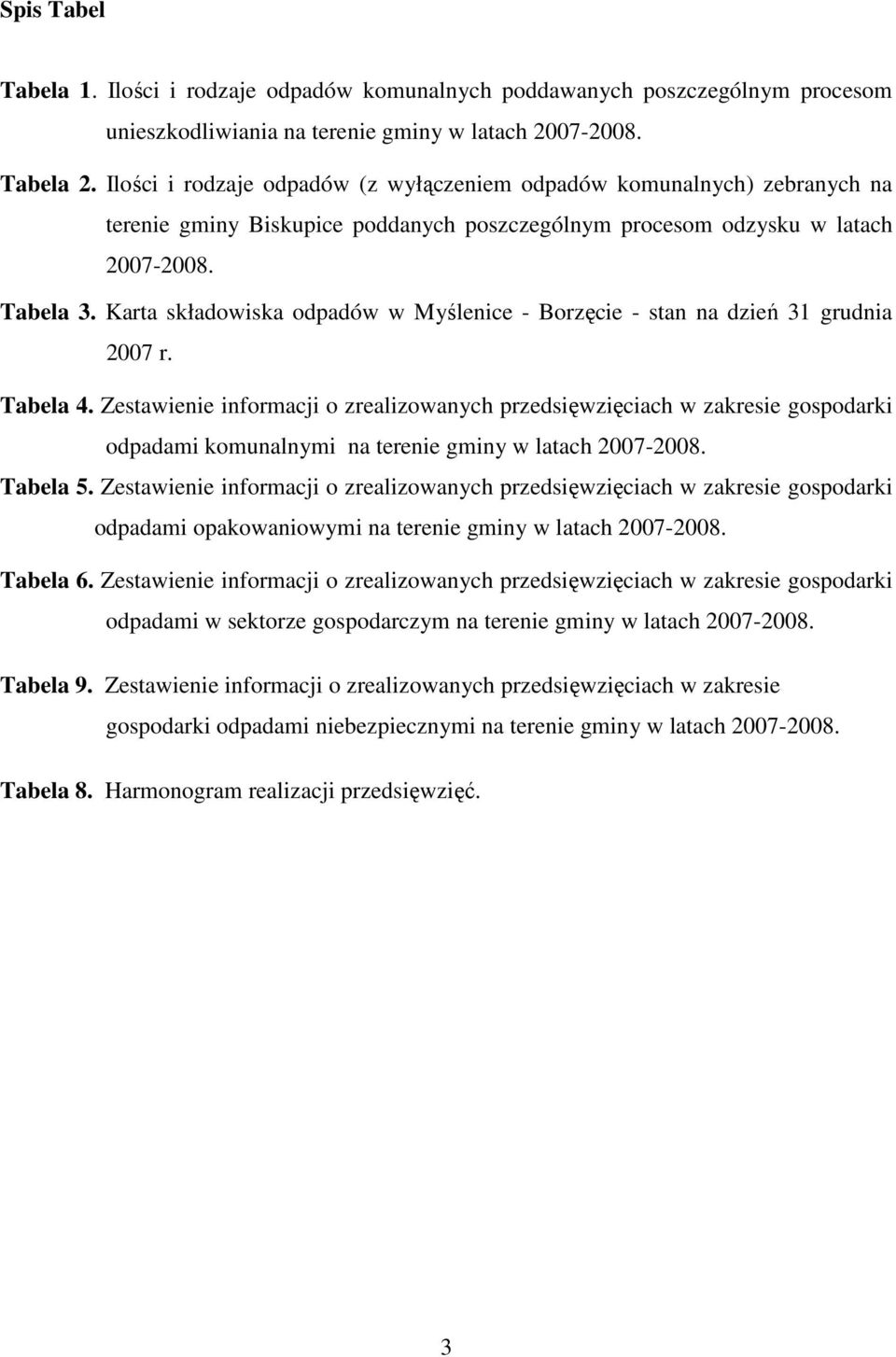 Karta składowiska w Myślenice - Borzęcie - stan na dzień 31 grudnia 2007 r. Tabela 4.