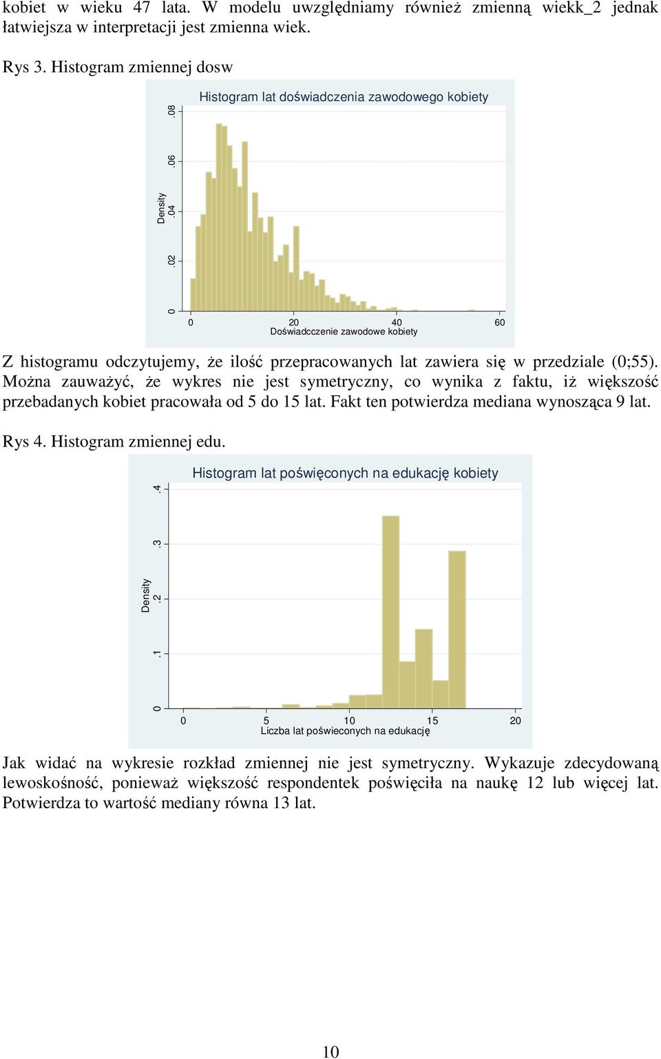 MoŜna zauwaŝyć, Ŝe wykres nie jest symetryczny, co wynika z faktu, iŝ większość przebadanych kobiet pracowała od 5 do 15 lat. Fakt ten potwierdza mediana wynosząca 9 lat. Rys 4.