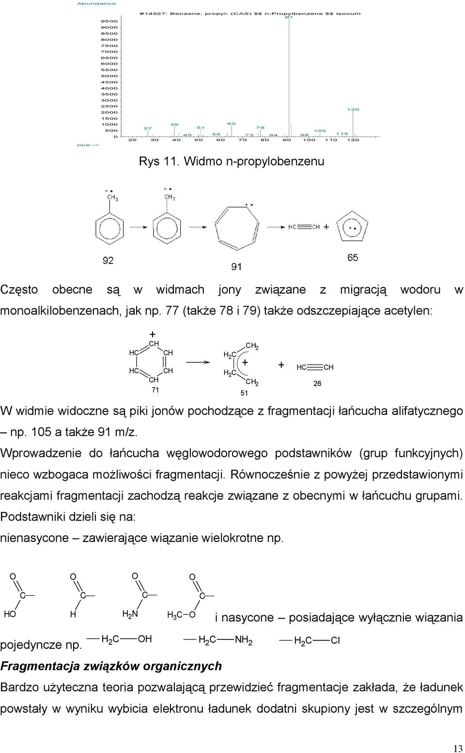 odszczepiające acetylen: HC HC 71 H 2 C HC H 2 C W widmie widoczne są piki jonów pochodzące z fragmentacji łańcucha alifatycznego np 105 a także 91 m/z Wprowadzenie do łańcucha węglowodorowego