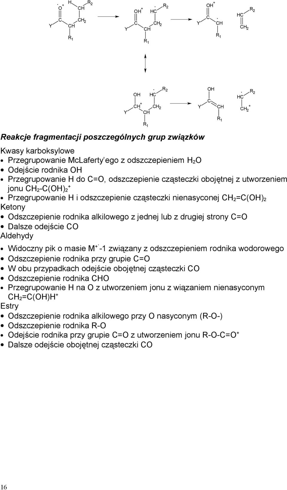 alkilowego z jednej lub z drugiej strony C=O Dalsze odejście CO Aldehydy Widoczny pik o masie M -1 związany z odszczepieniem rodnika wodorowego Odszczepienie rodnika przy grupie C=O W obu przypadkach