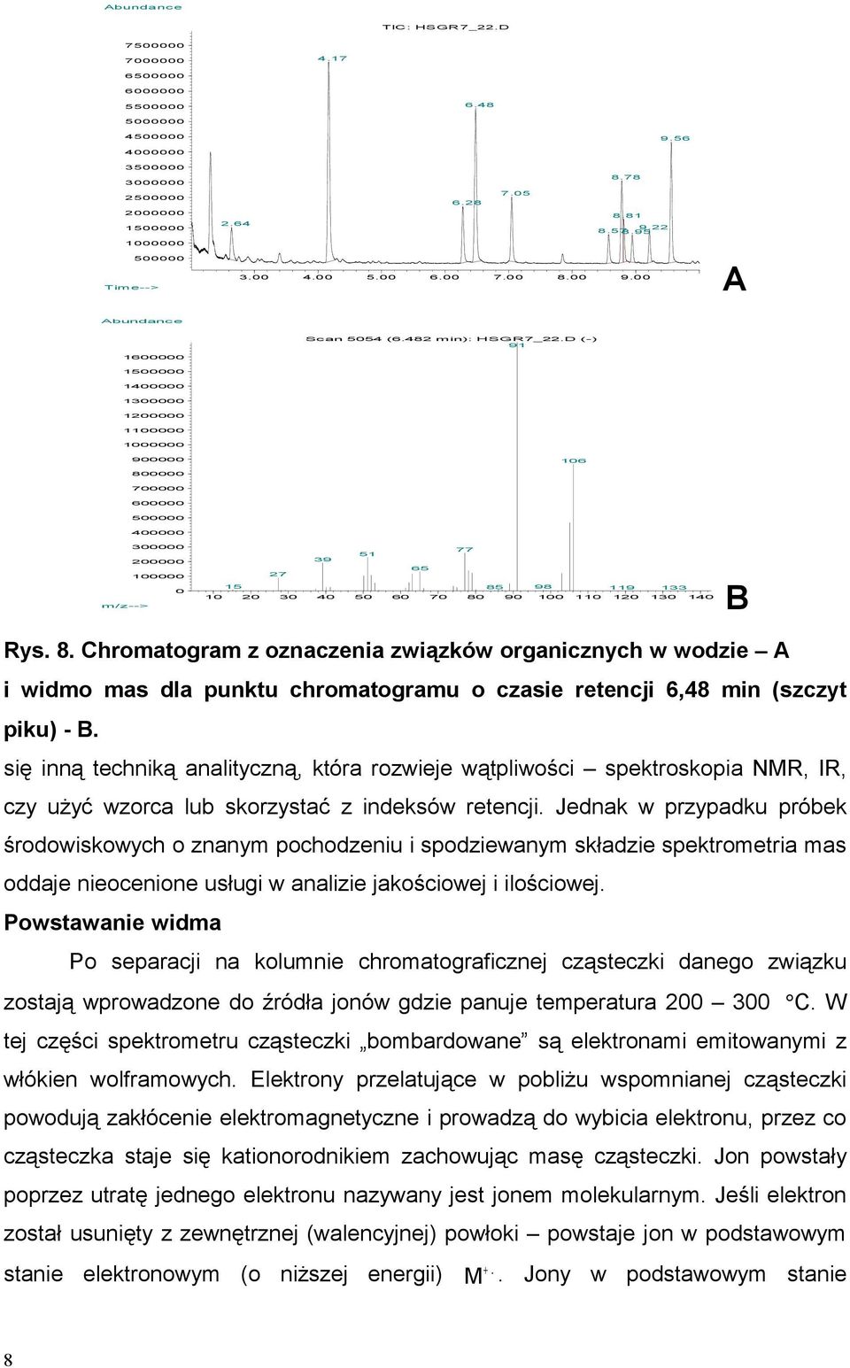 m/z--> 27 39 51 65 15 98 85 119 133 77 10 20 30 40 50 60 70 80 90 100 110 120 130 140 B Rys 8 Chromatogram z oznaczenia związków organicznych w wodzie A i widmo mas dla punktu chromatogramu o czasie