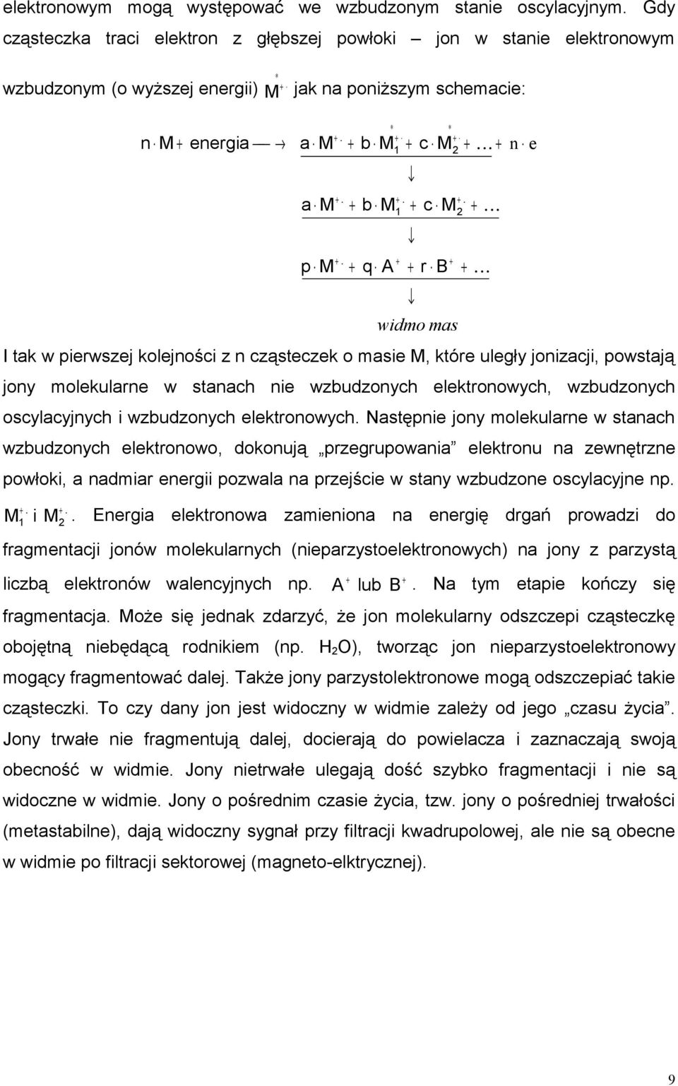 elektronowych, wzbudzonych oscylacyjnych i wzbudzonych elektronowych Następnie jony molekularne w stanach wzbudzonych elektronowo, dokonują przegrupowania elektronu na zewnętrzne powłoki, a nadmiar