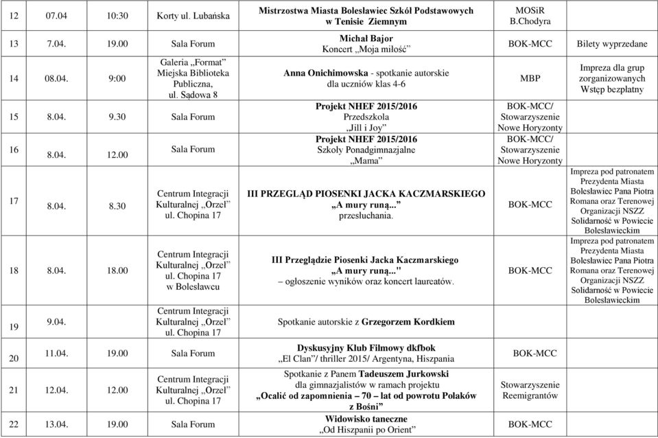 Ponadgimnazjalne Mama III PRZEGLĄD PIOSENKI JACKA KACZMARSKIEGO A mury runą... przesłuchania. III Przeglądzie Piosenki Jacka Kaczmarskiego A mury runą..." ogłoszenie wyników oraz koncert laureatów.