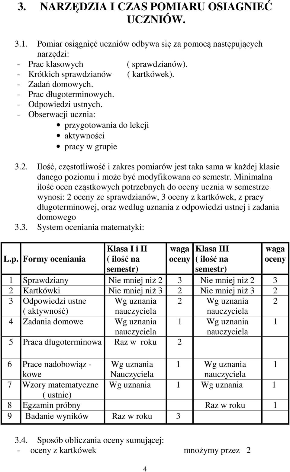 Ilość, częstotliwość i zakres pomiarów jest taka sama w każdej klasie danego poziomu i może być modyfikowana co semestr.