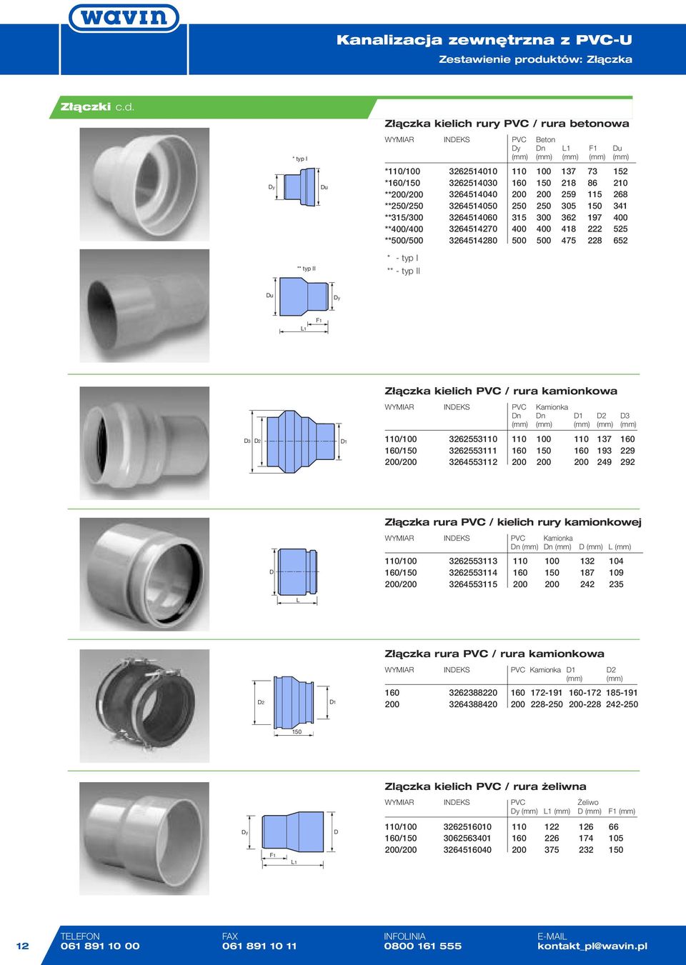 Złączka kielich rury PVC / rura betonowa * typ I WYMIAR INDEKS PVC Beton Dn (mm) (mm) (mm) (mm) (mm) */ */150 **/ **/ **/300 **/ **/ 32514010 32514030 3264514040 3264514050 32645140 3264514270